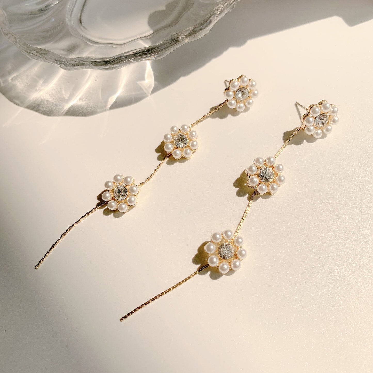 Sier Simple Graceful Micro Inlaid Pearls Flower Long Tassel Rings
