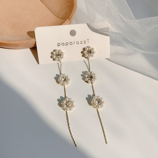 Sier Simple Graceful Micro Inlaid Pearls Flower Long Tassel Rings