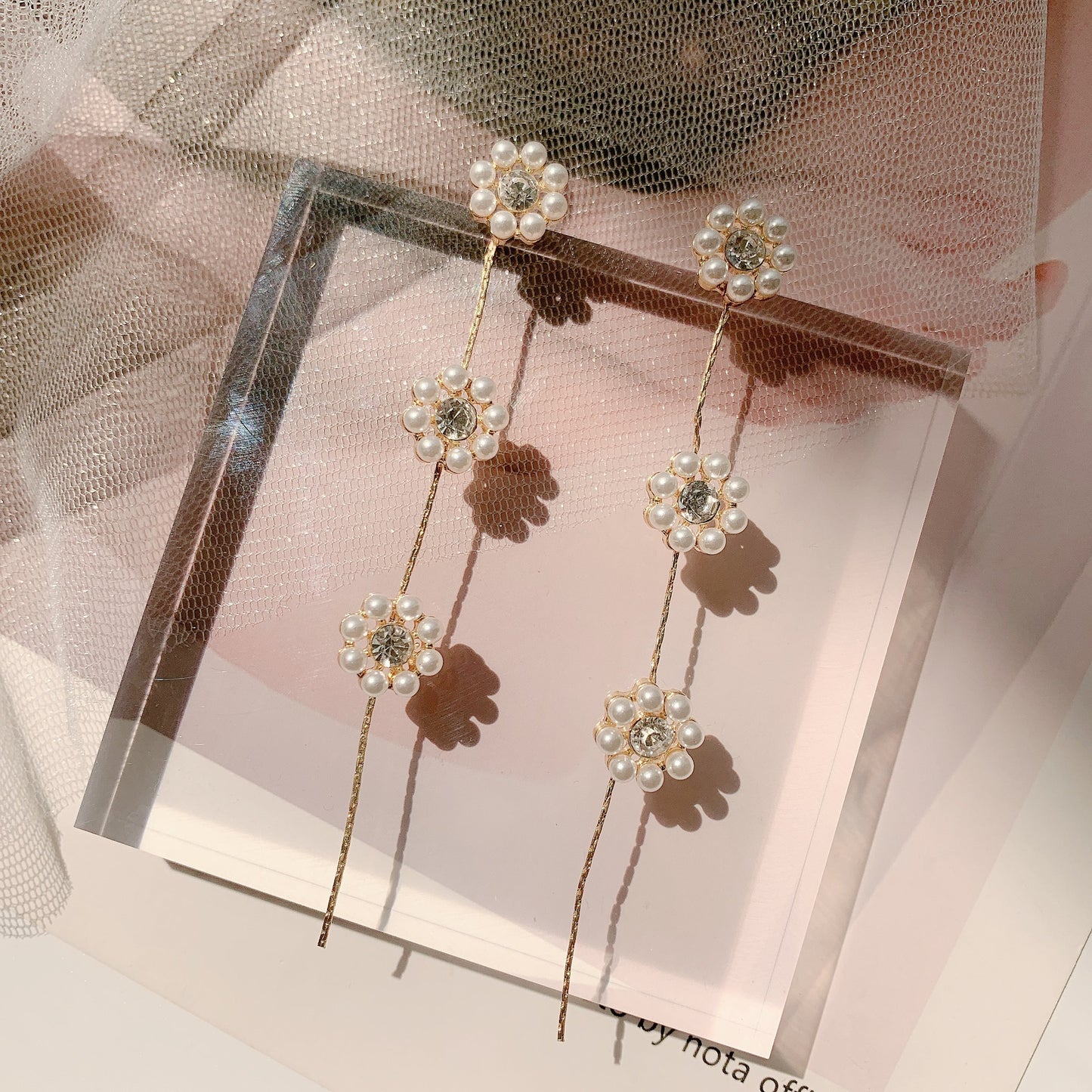Sier Simple Graceful Micro Inlaid Pearls Flower Long Tassel Rings
