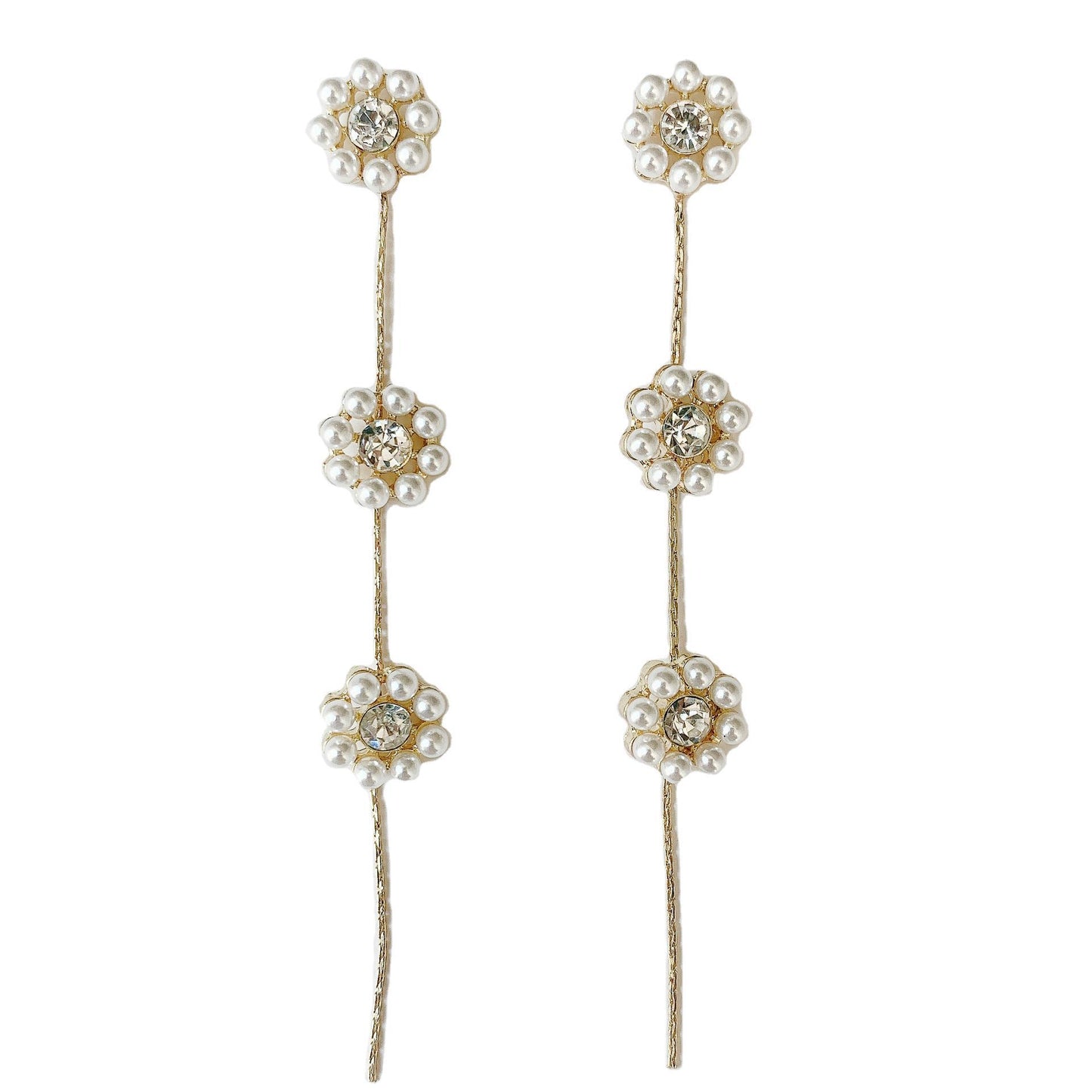 Sier Simple Graceful Micro Inlaid Pearls Flower Long Tassel Rings