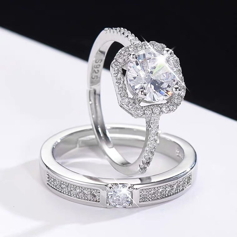 Women's & Men's Couple Open Diamond Wedding Simulation Sier Rings