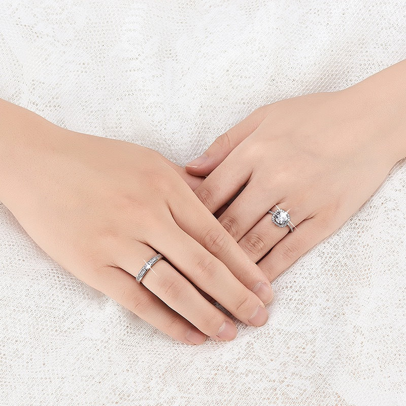 Women's & Men's Couple Open Diamond Wedding Simulation Sier Rings