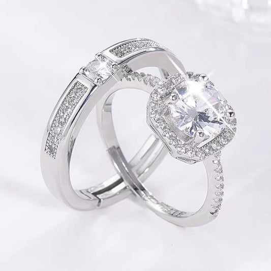 Women's & Men's Couple Open Diamond Wedding Simulation Sier Rings