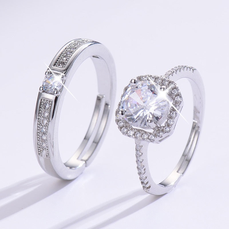 Women's & Men's Couple Open Diamond Wedding Simulation Sier Rings