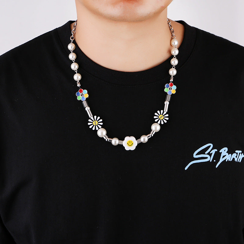 Women's & Men's Duan Little Daisy Pearl Smiley Face Sunflower Necklace