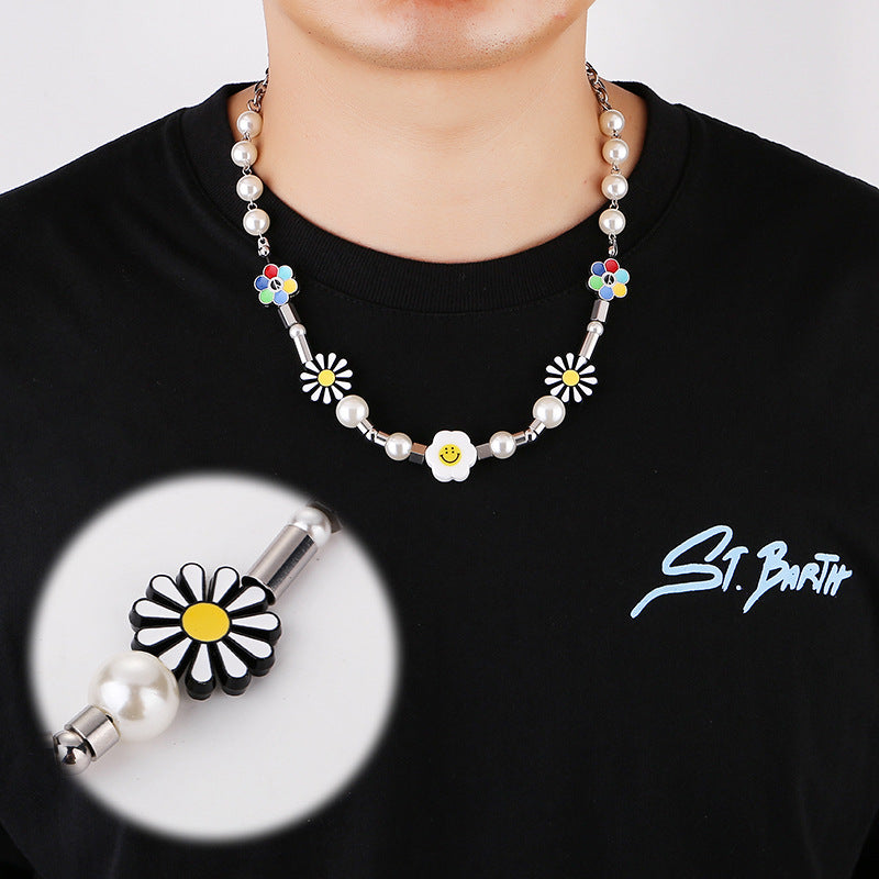 Women's & Men's Duan Little Daisy Pearl Smiley Face Sunflower Necklace