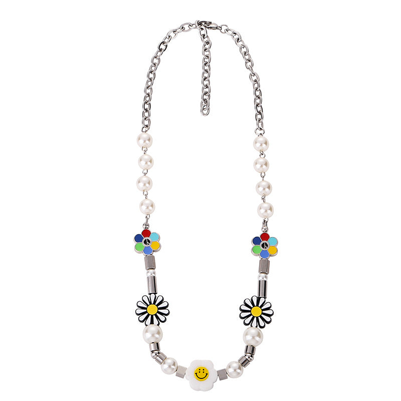 Women's & Men's Duan Little Daisy Pearl Smiley Face Sunflower Necklace