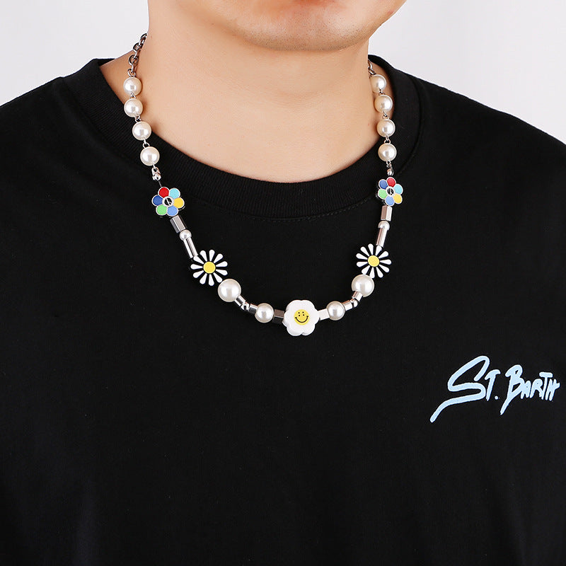 Women's & Men's Duan Little Daisy Pearl Smiley Face Sunflower Necklace