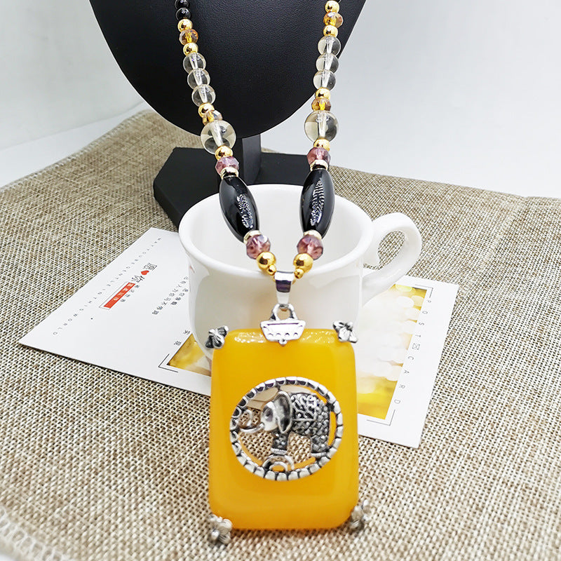 Elephant Sweater Chain Long Bohemian Style Yellow Amber Necklace