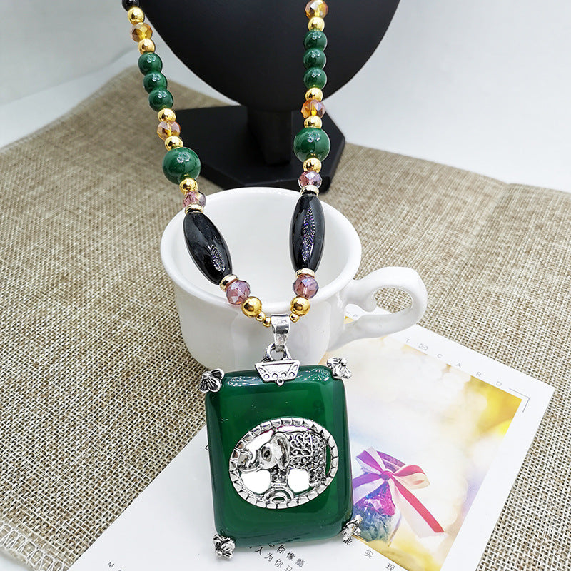Elephant Sweater Chain Long Bohemian Style Yellow Amber Necklace