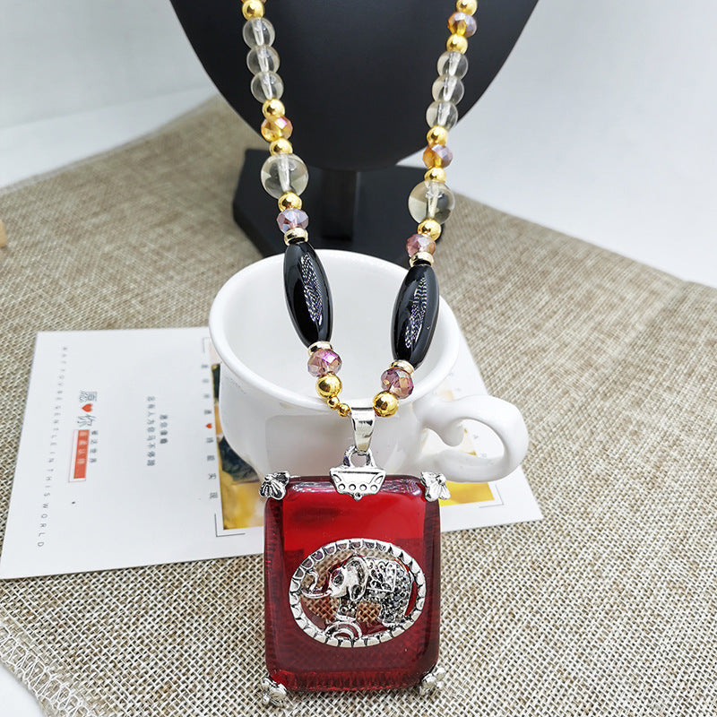 Elephant Sweater Chain Long Bohemian Style Yellow Amber Necklace