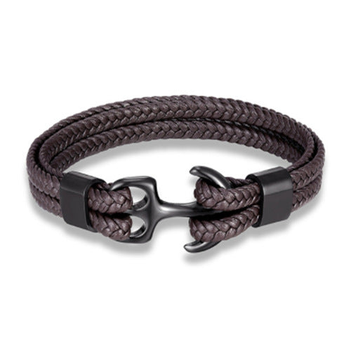 Men's Titanium Steel Black Cowhide Woven Boat Bracelets