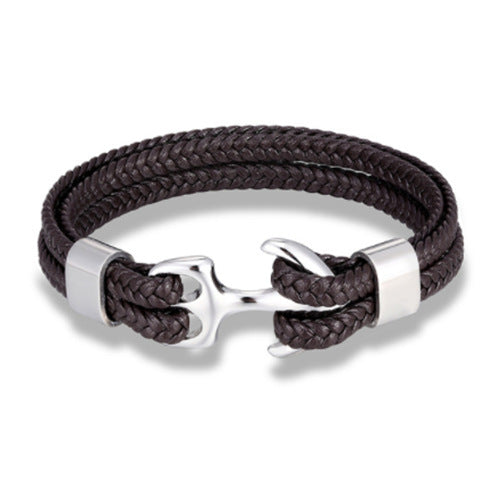 Men's Titanium Steel Black Cowhide Woven Boat Bracelets