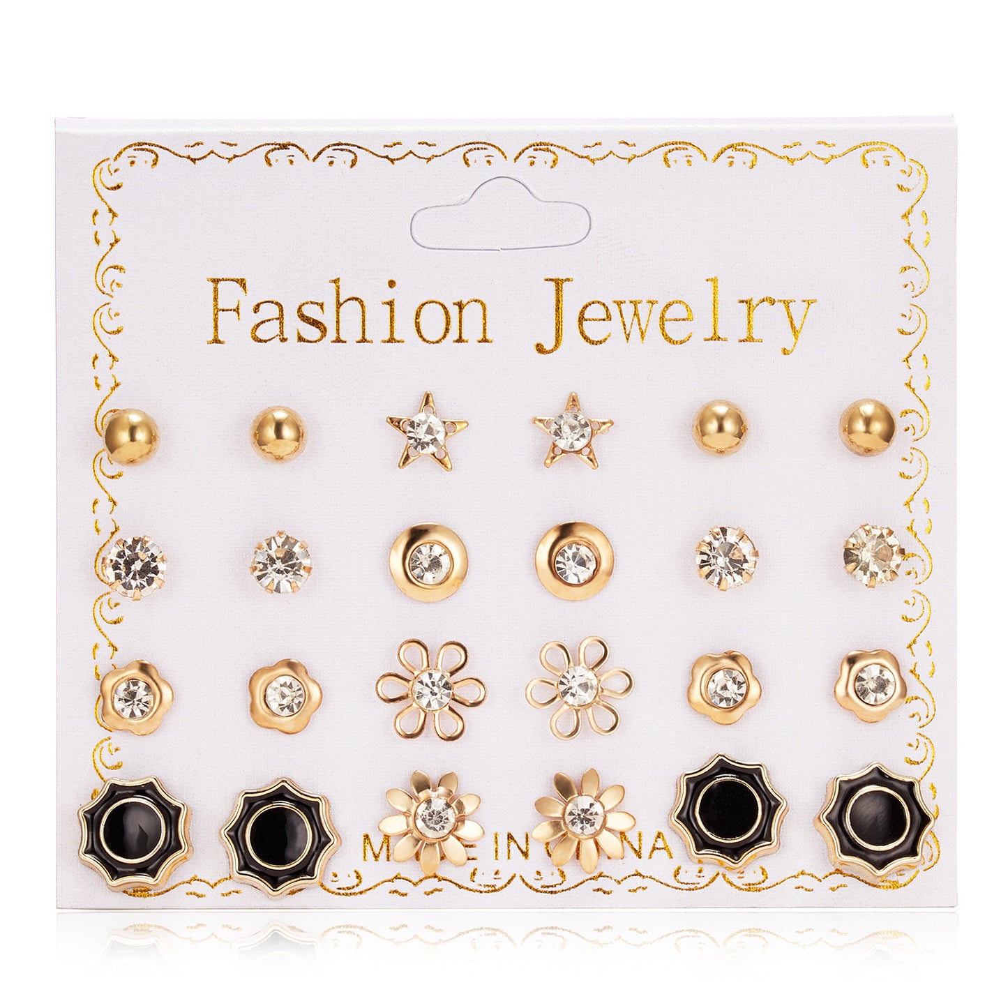 Round Square Geometric Zircon Three-color Card Earrings