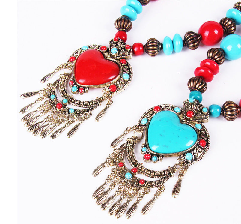 Gem Peach Heart Water Drop Sweater Chain Ethnic Necklaces