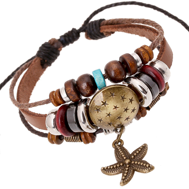 Men's Cattle Leather Vintage Beaded Starfish Pendants