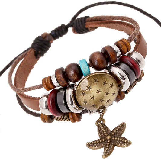 Men's Cattle Leather Vintage Beaded Starfish Pendants
