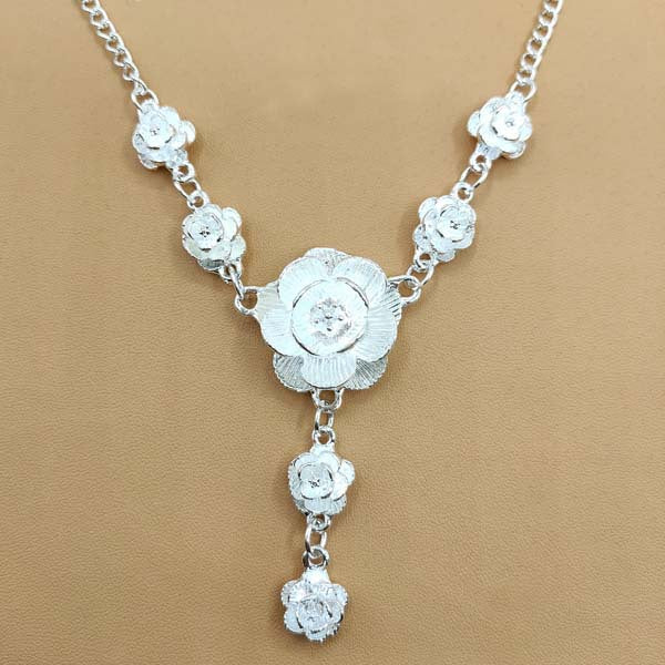 Vintage Sweater Chain Long Rose Flower Brushed Sier Plated Tourist Jewelry Set