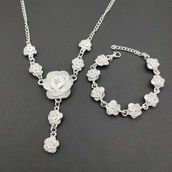 Vintage Sweater Chain Long Rose Flower Brushed Sier Plated Tourist Jewelry Set