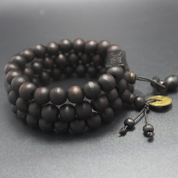 Black Peach Wood Copper Coin Buddha Beads Bracelet