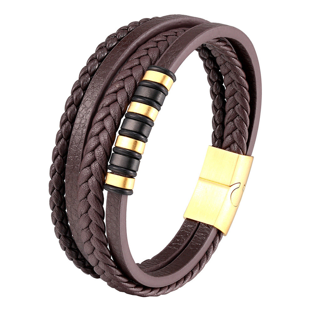 Men's Stainless Steel Black Authentic Leather Weave Bracelets