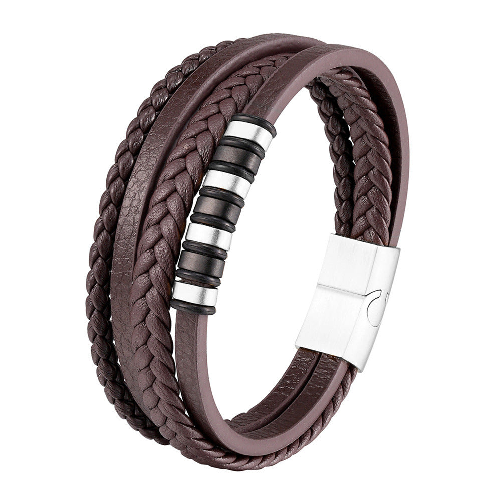 Men's Stainless Steel Black Authentic Leather Weave Bracelets