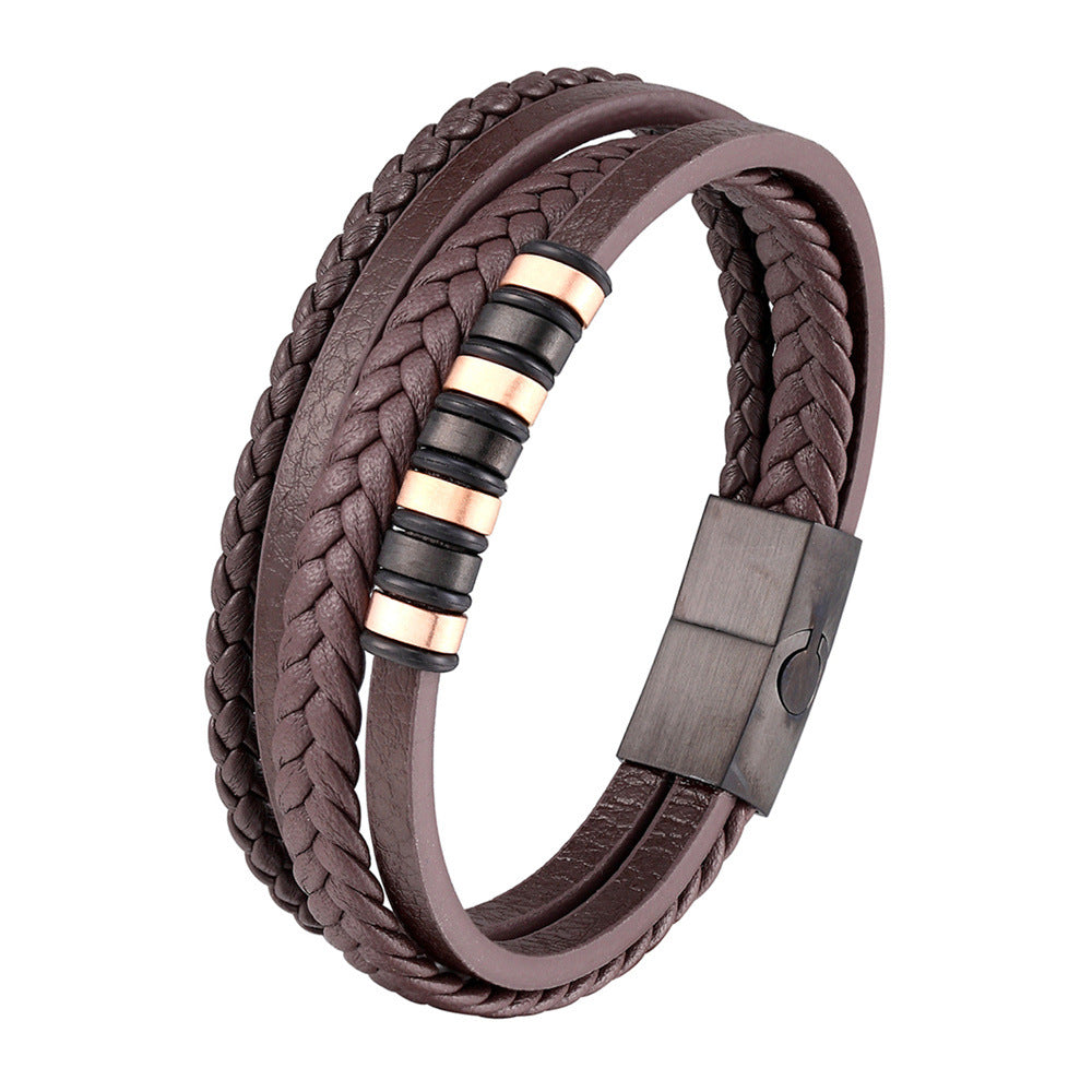 Men's Stainless Steel Black Authentic Leather Weave Bracelets