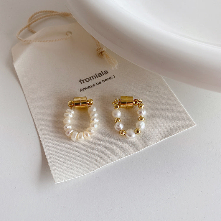 Natural Freshwater Pearl Magnet Ear Clip Female French Versatile Earrings