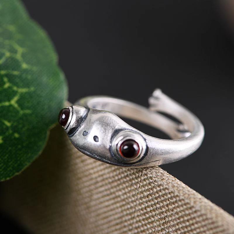 Vintage Thai Sier Frog Pomegranate Red Open Carnelian Golden Rings