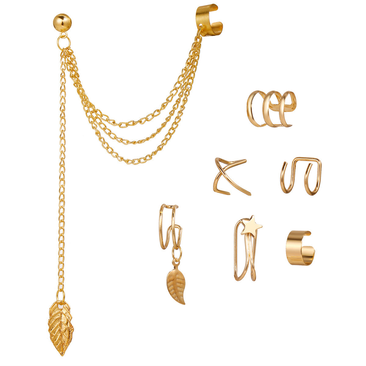 Personalized Ear Clip Metal Leaves Tassel Earrings