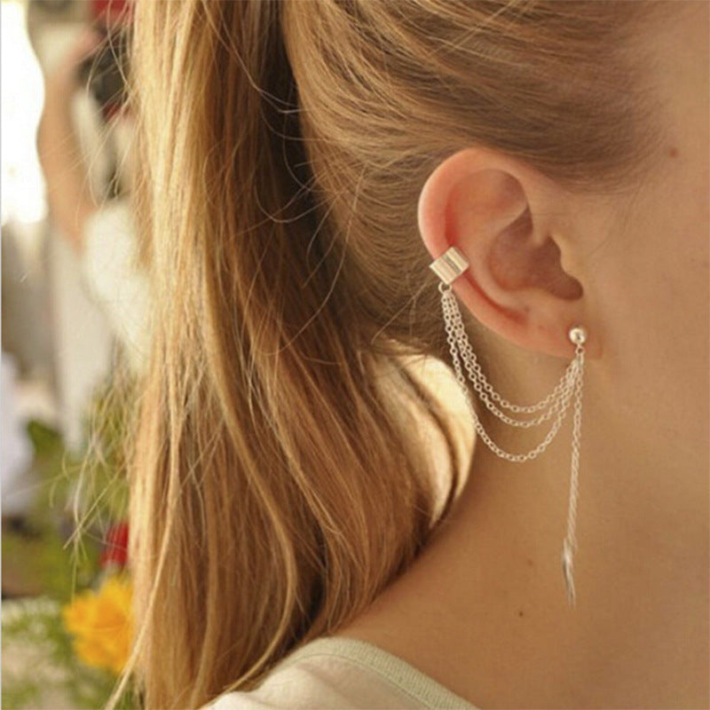 Personalized Ear Clip Metal Leaves Tassel Earrings