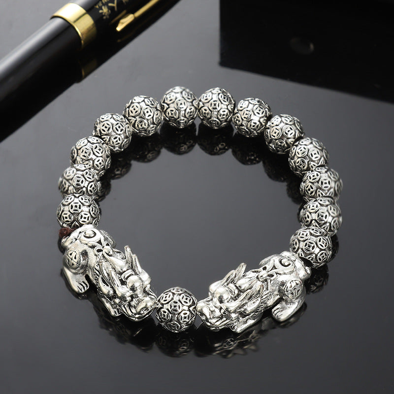 Men's Tibetan Sier Ethnic Style Thai Vintage Obsidian Old Artistic Bracelets