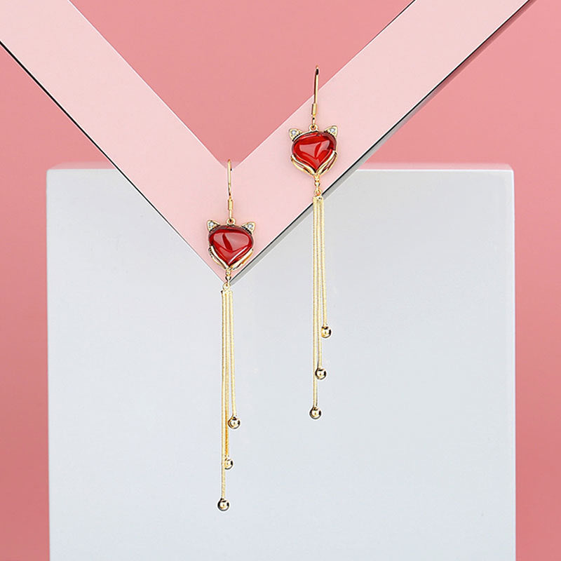 National Style Sier Ear Hook Lucky Fox Red Long Tassel Stud Earrings