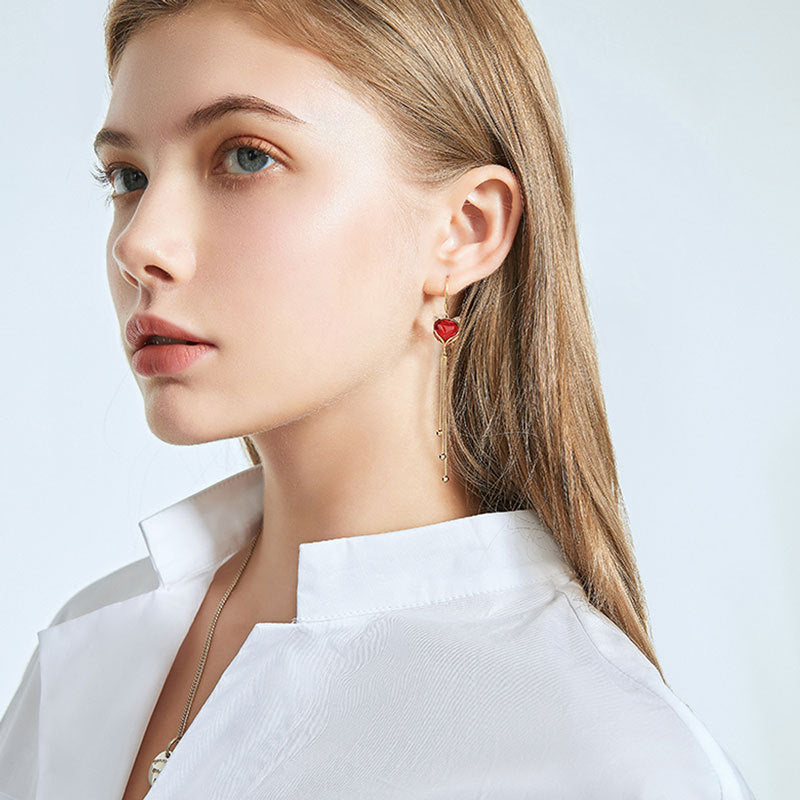 National Style Sier Ear Hook Lucky Fox Red Long Tassel Stud Earrings