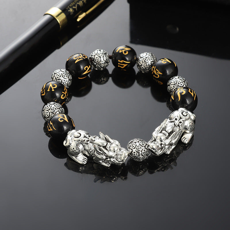 Men's Tibetan Sier Ethnic Style Thai Vintage Obsidian Old Artistic Bracelets