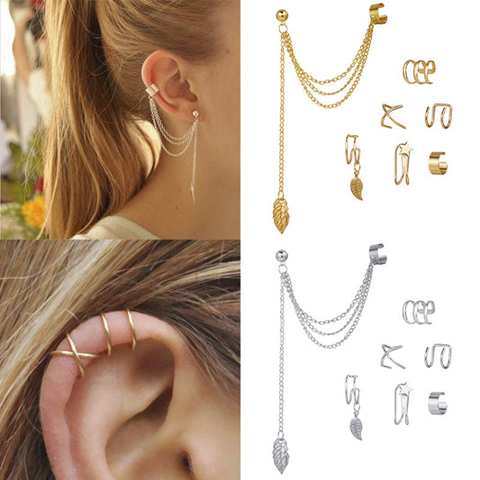 Personalized Ear Clip Metal Leaves Tassel Earrings