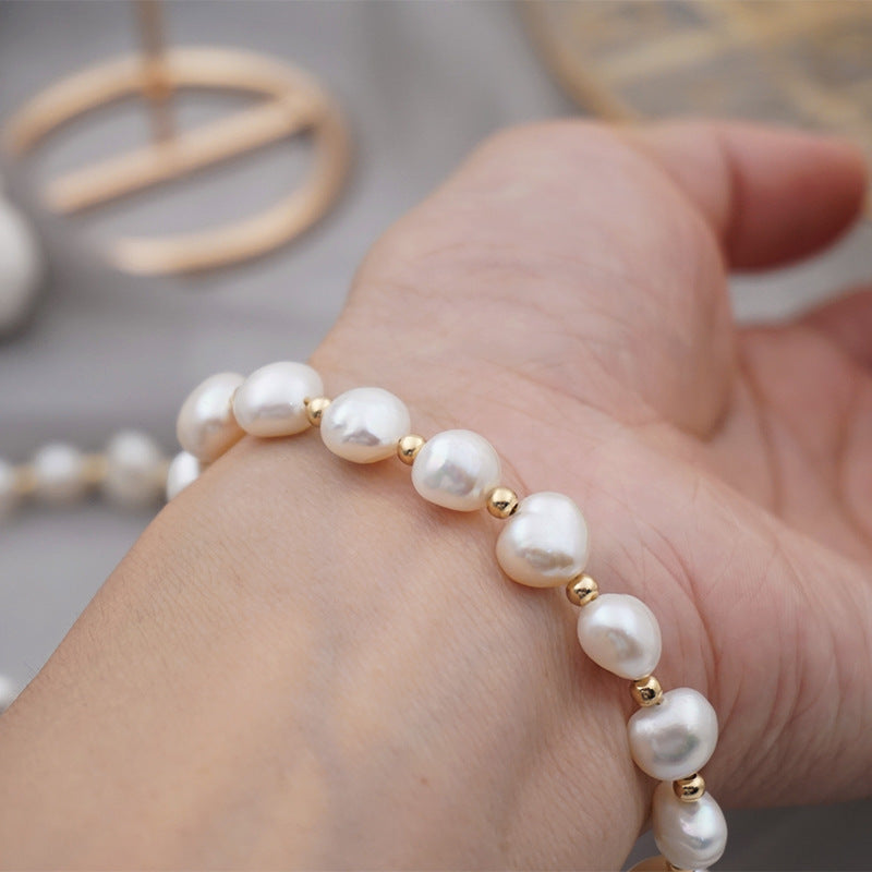Women's Korean Baroque Freshwater Pearl Real Gold Design Cold Bracelet