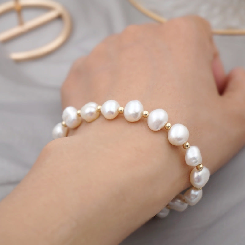 Women's Korean Baroque Freshwater Pearl Real Gold Design Cold Bracelet