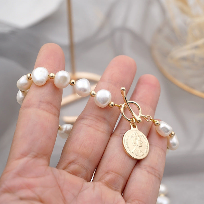 Women's Korean Baroque Freshwater Pearl Real Gold Design Cold Bracelet
