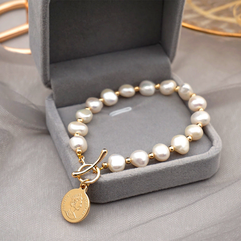 Women's Korean Baroque Freshwater Pearl Real Gold Design Cold Bracelet
