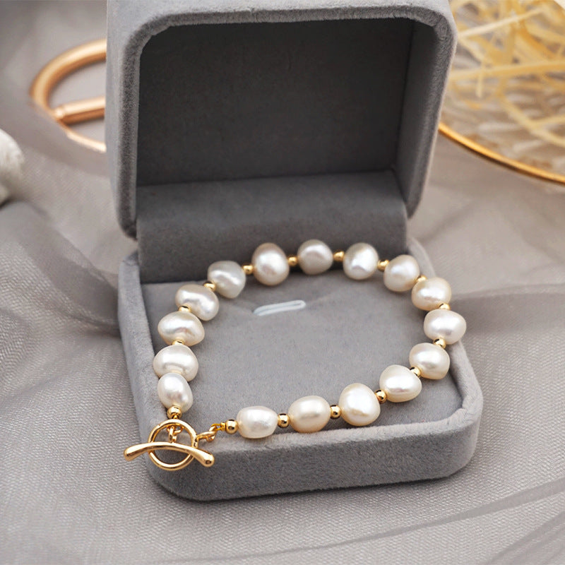 Women's Korean Baroque Freshwater Pearl Real Gold Design Cold Bracelet