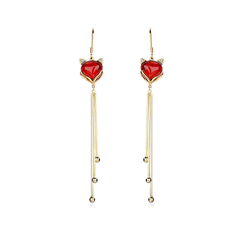 National Style Sier Ear Hook Lucky Fox Red Long Tassel Stud Earrings