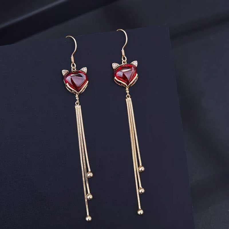 National Style Sier Ear Hook Lucky Fox Red Long Tassel Stud Earrings