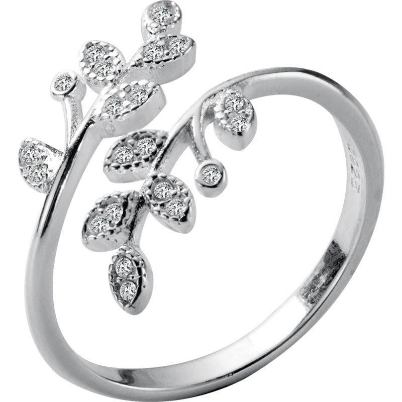 Fresh Refined Rhinestone Leaves Open Artistic Ring