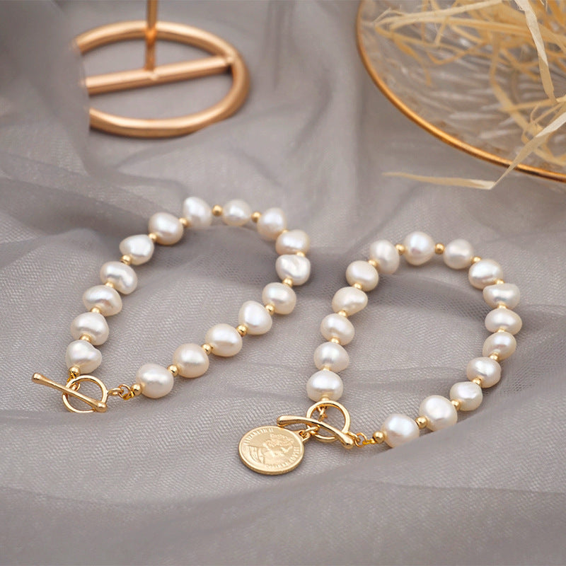 Women's Korean Baroque Freshwater Pearl Real Gold Design Cold Bracelet