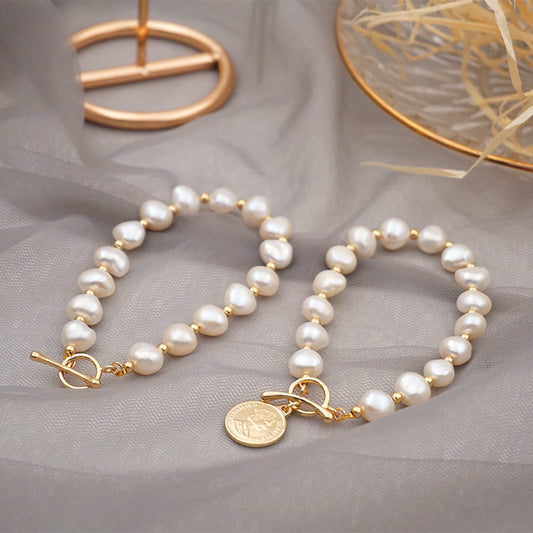 Women's Korean Baroque Freshwater Pearl Real Gold Design Cold Bracelet