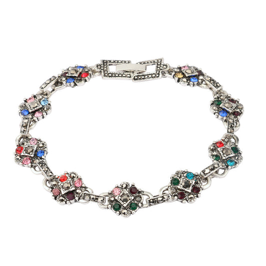 Women's Korean Exquisite Inlaid Color Diamond Vintage Antique Sier Bracelet