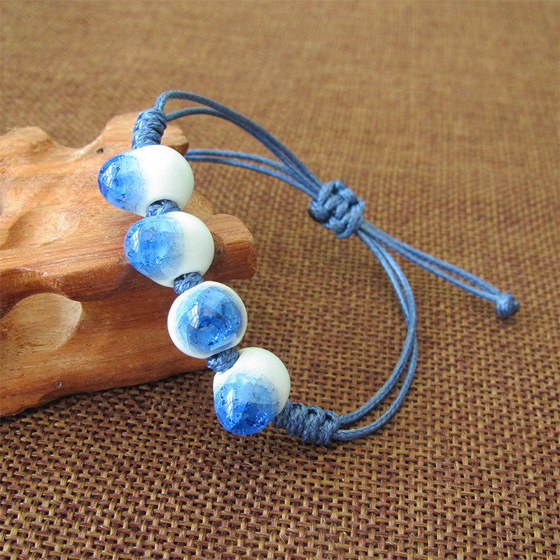 Ethnic Style Blue White Porcelain Ceramic Female Couple Hand-woven Bracelet