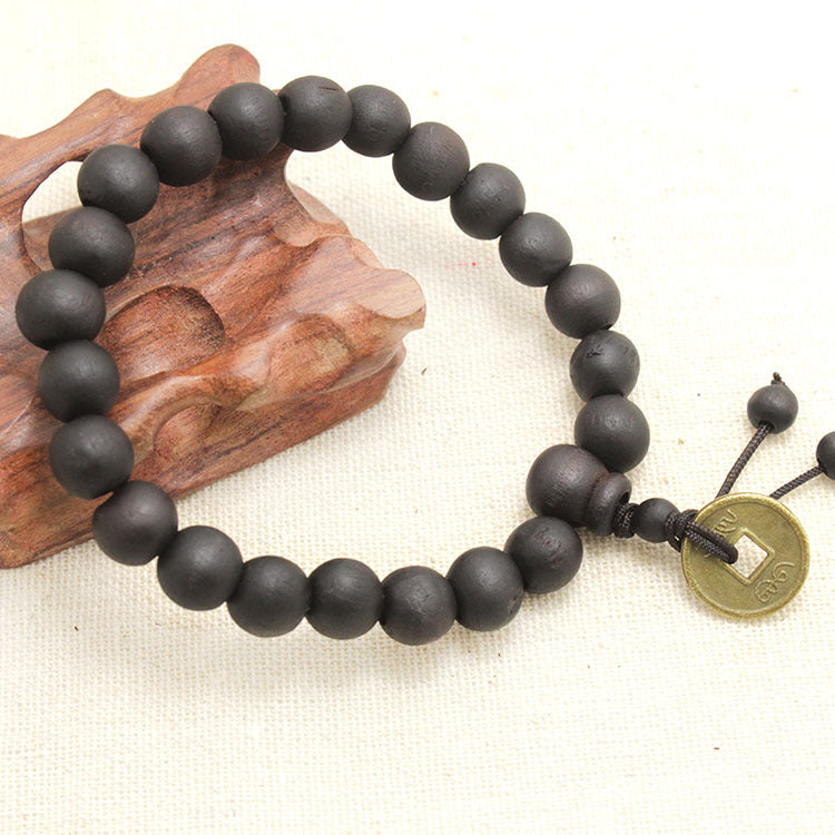 Black Peach Wood Copper Coin Buddha Beads Bracelet