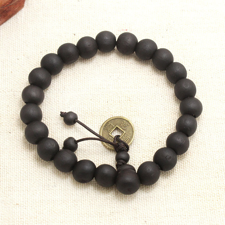 Black Peach Wood Copper Coin Buddha Beads Bracelet
